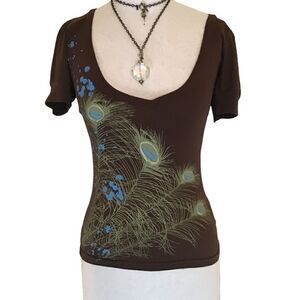 Love Child  XS brown cap sleeve. With decorative peacock feathers.
